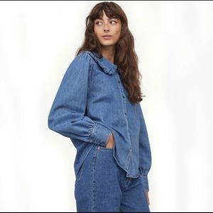 H&M Denim Ruffled Oversize Collar Top